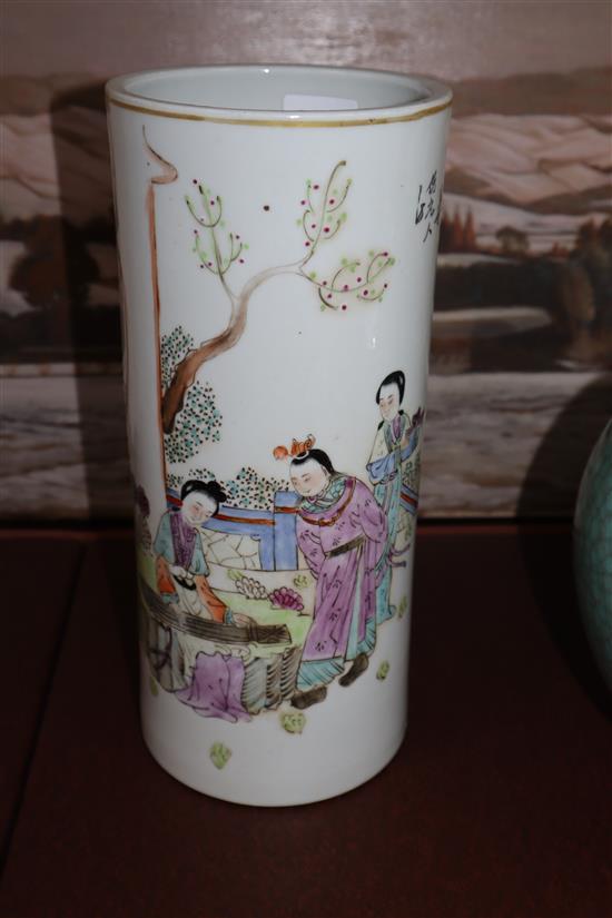 A pair of Chinese sleeve vases and a crackleware vase pair 28cm